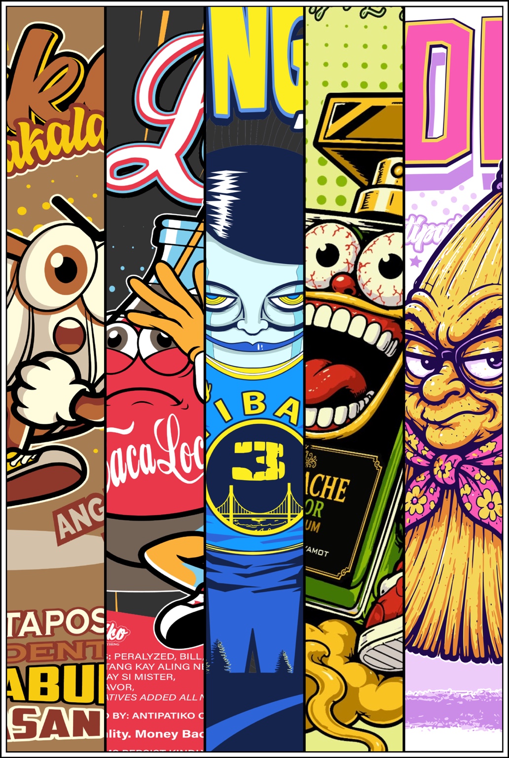 Five colorful Antipatiko apparel illustrations arranged in vertical panels