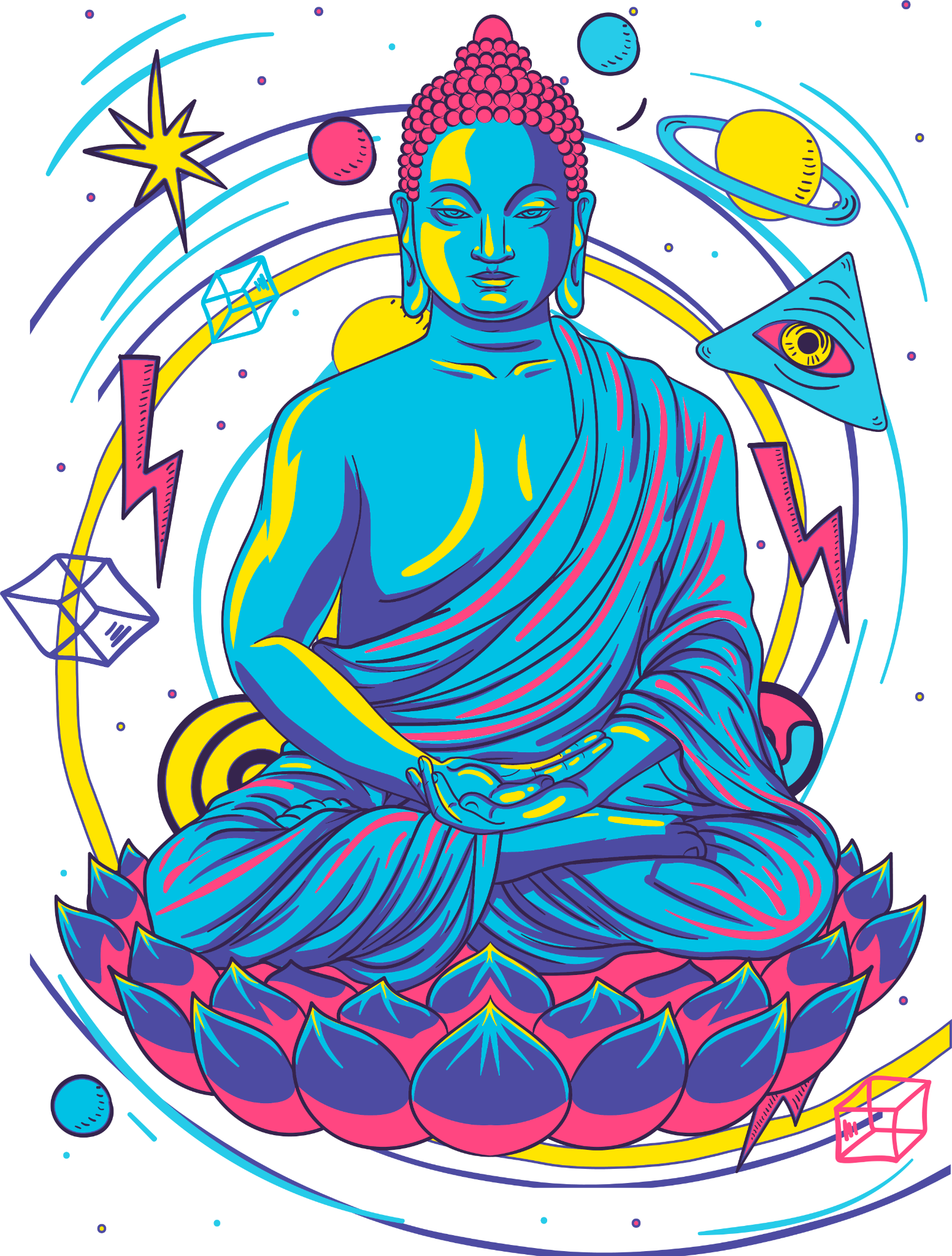 Original Buddha illustration in cyan, pink and yellow, surrounded by planets, stars and a lotus