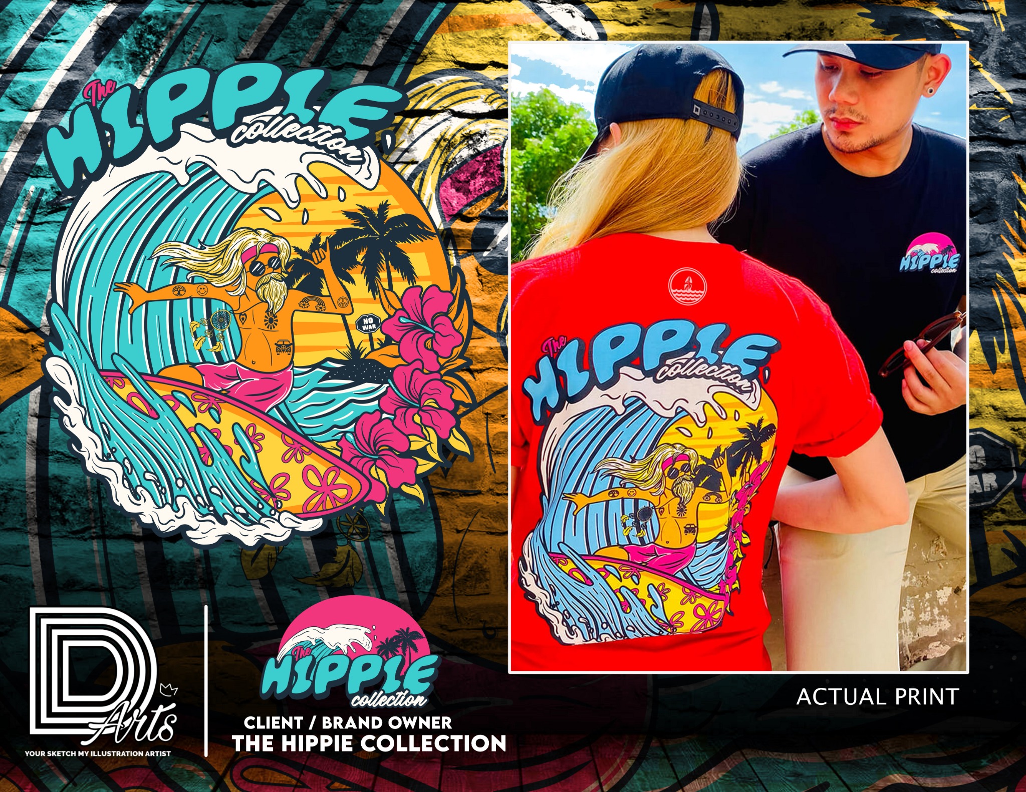 Original surf illustration beside photographs of the design printed on clothing